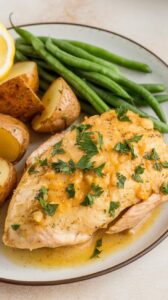 Slow cooker lemon garlic chicken served with roasted potatoes and steamed green beans. The chicken is coated in a rich, buttery lemon garlic sauce and garnished with fresh parsley for a bright and flavorful meal.
