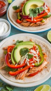 A plate of slow cooker chicken fajitas with shredded chicken, colorful bell peppers, and onions on warm flour tortillas. Garnished with avocado slices, cheese, and cilantro, with sour cream and salsa on the side for a vibrant and flavorful meal.