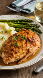 Plated slow cooker garlic butter chicken drizzled with a rich, buttery garlic sauce, served with mashed potatoes and roasted asparagus on a white plate. The golden brown chicken is garnished with fresh parsley, creating an elegant and appetizing meal presentation.