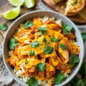 A photograph of a white ceramic bowl filled with a generous serving of Slow Cooker Buffalo Ranch Chicken, meticulously arranged for a top-down perspective. The chicken is generously coated in melted cheddar cheese and sprinkled with vibrant green cilantro, all resting upon a fluffy bed of steamed white rice. Beside the bowl are several bright green lime wedges and a golden-brown piece of garlic bread, while the bowl sits on a rustic wooden table bathed in soft natural light. The scene conveys warmth and comfort, inviting the viewer to savor the delicious meal.