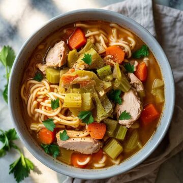 A photograph of a comforting bowl of slow cooker cabbage roll soup presented from a top-down perspective. The bowl is filled with tender chunks of chicken, diced carrots, celery, and plump egg noodles all submerged in a rich, savory broth, with a sprinkle of black pepper and finely chopped fresh parsley for garnish. The bowl sits on a cool, grey marble kitchen countertop, partially reflecting the soft overhead light, with a linen napkin casually draped nearby. Warm, diffused light bathes the scene creating a cozy and inviting atmosphere.