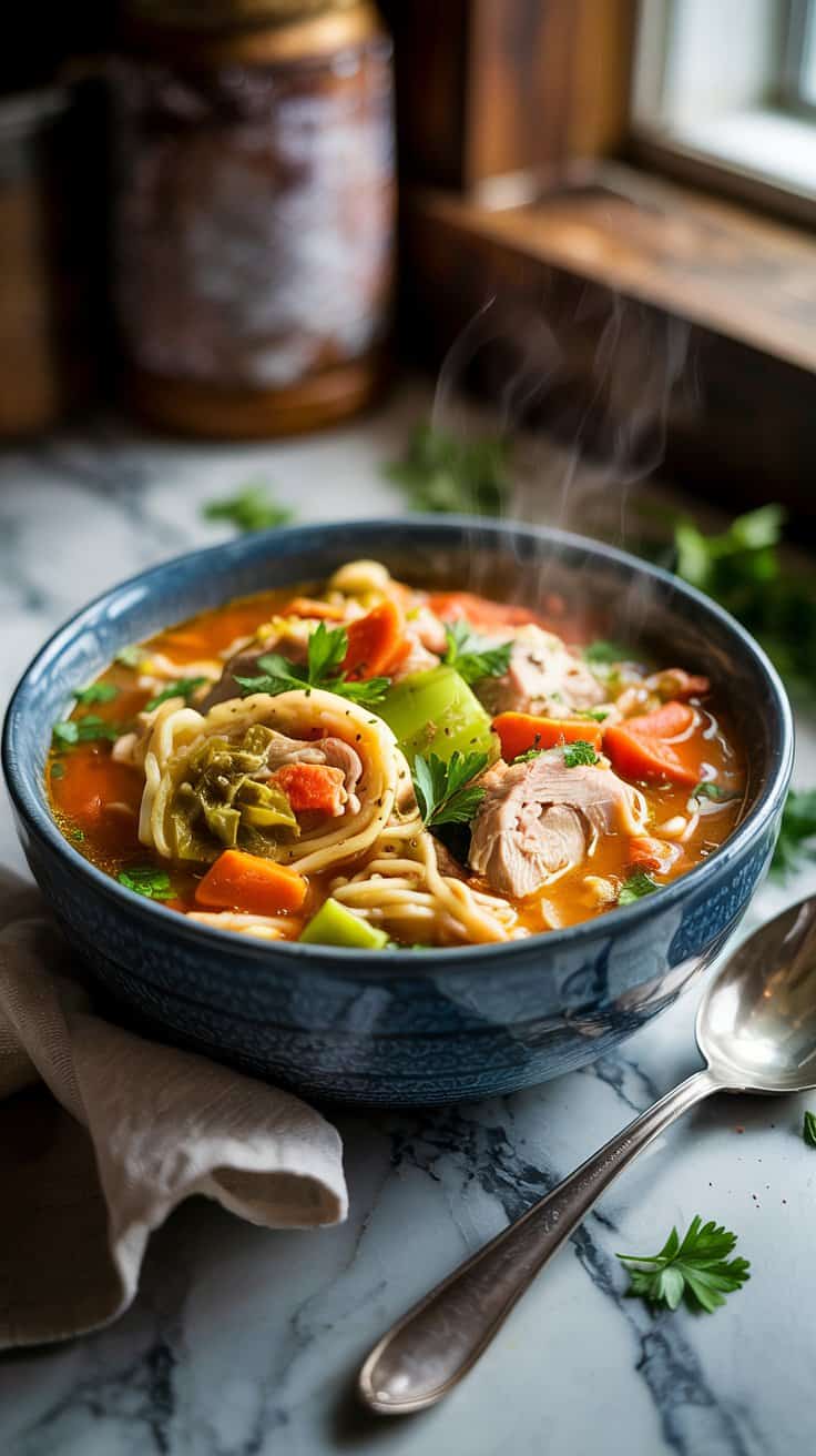 A photograph of a comforting bowl of slow cooker cabbage roll soup, steam gently rising from its surface. The soup is filled with tender chunks of chicken, vibrant orange carrots, crisp green celery, and hearty egg noodles, all bathed in a rich, savory broth and sprinkled with freshly chopped parsley and cracked black pepper. The bowl rests on a cool, polished marble kitchen countertop, illuminated by soft, natural light streaming through a nearby window, creating a cozy and inviting atmosphere with a rustic, home-cooked feel. A worn wooden spoon rests casually against the bowl, suggesting a recent and satisfying meal.