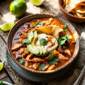 A photograph of a rustic ceramic bowl brimming with vibrant chicken taco soup presented from a top-down perspective. The soup features generous chunks of tender chicken, plump beans, and a rich, reddish-brown broth, generously topped with golden-brown tortilla strips, a swirl of creamy sour cream, bright green avocado slices, and a scattering of fresh cilantro. The bowl rests on a weathered wooden kitchen table, accompanied by a stack of crispy tortilla chips and a few vibrant lime wedges bathed in warm, natural sunlight streaming through a nearby window. A subtle, soft shadow falls across the table, adding depth and highlighting the textures of the rustic setting.