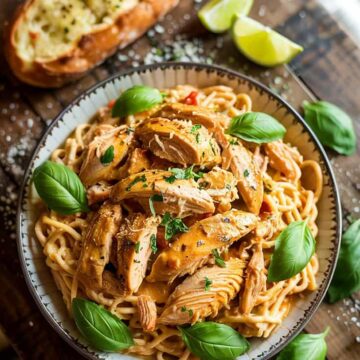 A photograph showcasing a deep white ceramic bowl filled with creamy Tuscan chicken and pasta from a top-down perspective. The chicken is tender and shredded, enveloped in a rich, creamy sauce with generous sprinklings of freshly grated Parmesan cheese and vibrant green basil leaves. Beside the bowl rests a golden-brown garlic bread and a few bright lime wedges, artfully arranged on a rustic wooden table with subtle wood grain details. Soft, natural light gently illuminates the scene, creating a warm and inviting atmosphere.