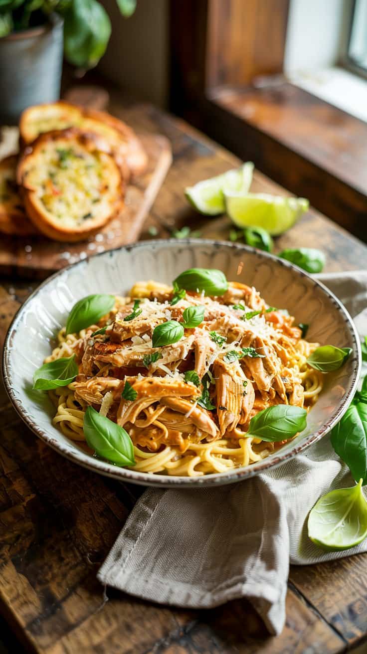 A photograph of a pristine white ceramic bowl brimming with creamy Tuscan chicken over perfectly cooked pasta. The shredded chicken is generously coated in a rich, sun-kissed sauce, sprinkled with freshly grated Parmesan cheese and vibrant green basil leaves. The bowl sits on a rustic wooden table alongside a golden-brown garlic bread and a few bright green lime wedges, bathed in warm natural light from a nearby window. A linen napkin is casually draped next to the bowl, creating a warm and inviting culinary scene.