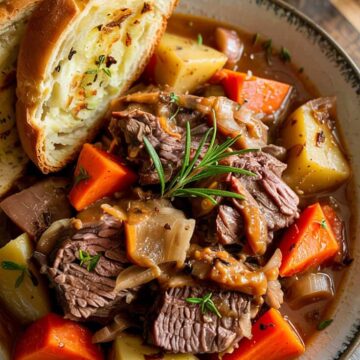 A photograph of a beautifully plated bowl of slow cooker garlic butter pot roast, presented from a top-down perspective. The bowl is filled with generous chunks of tender beef, vibrant orange carrots, creamy yellow potatoes, and caramelized onions, all immersed in a rich, savory brown gravy. A sprig of fresh rosemary sits elegantly on top, while a slice of golden-brown crispy garlic bread leans against the bowl's rim. The bowl sits naturally on a warm-toned wooden table, illuminated by soft overhead lighting that highlights the textures and colors of the comforting meal.