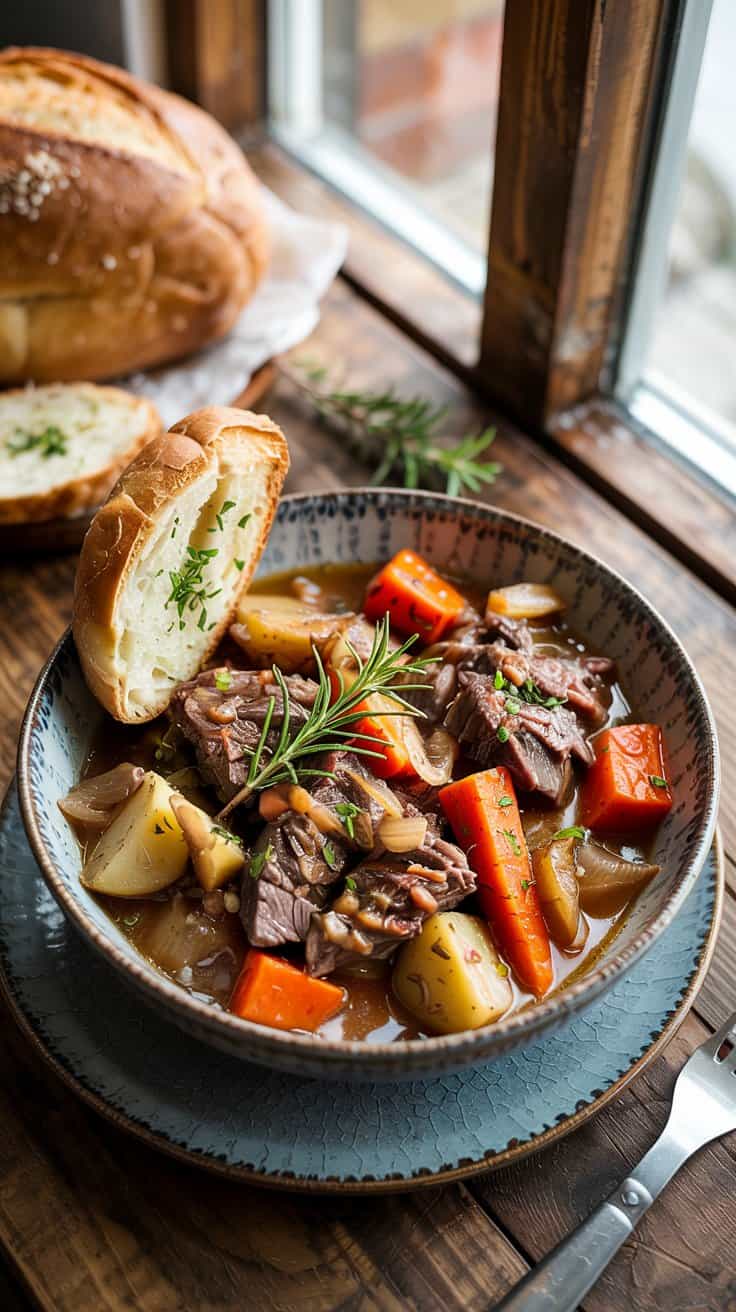 A photograph from a top-down perspective showcasing a beautifully plated ceramic bowl filled with slow cooker garlic butter pot roast. The bowl is brimming with tender chunks of beef, vibrant orange carrots, golden potatoes, and caramelized onions, all bathed in a rich, savory gravy. A sprig of fresh rosemary rests delicately on top, beside a slice of crispy garlic bread leaning against the bowl's rim, all presented on a warm, rustic wooden table under soft, diffused window light. The scene conveys a sense of cozy comfort and rustic charm.