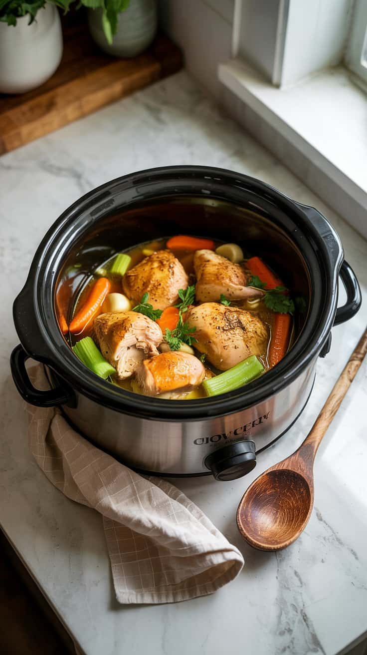 A photograph of a ceramic slow cooker sitting on a pristine white marble kitchen countertop. Inside the slow cooker, golden-brown seasoned chicken pieces, chunks of garlic, vibrant orange carrots, and crisp celery sticks are being gently nestled into a savory chicken broth, only partially filling the vessel. A weathered wooden spoon rests casually beside the cooker, leaning against a folded beige linen dish towel, creating a warm and inviting scene. Soft, natural light streams in from a nearby window, highlighting the textures of the ingredients and casting a gentle glow across the countertop.