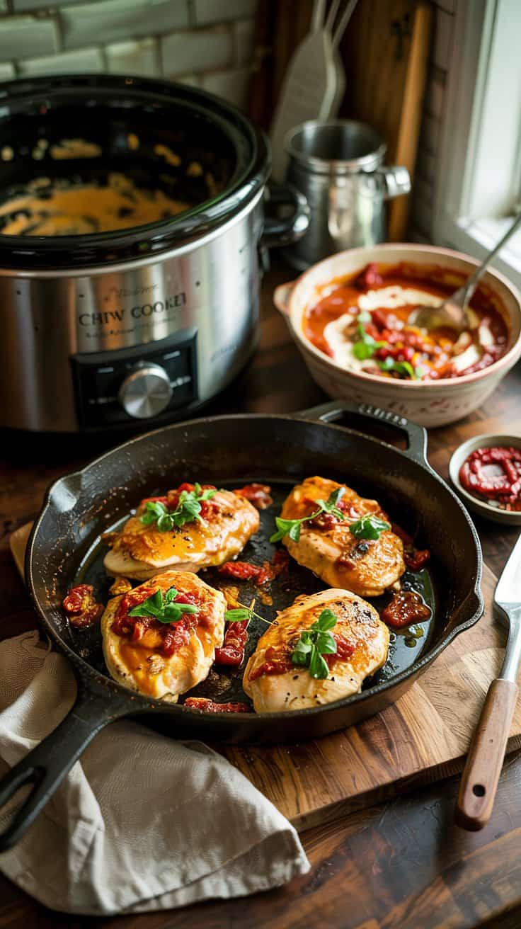 A photograph of a warmly lit kitchen showcasing a culinary moment centered around a cast iron skillet. Juicy chicken breasts are searing over medium heat, their surfaces developing a golden-brown crust, while a separate ceramic bowl contains a vibrant creamy sauce, studded with sun-dried tomatoes, minced garlic, and swirls of sour cream. A slow cooker sits nearby, partially filled with the creamy sauce, next to a well-worn wooden spoon, alongside subtle kitchen essentials like a measuring cup and a linen dish towel draped over the counter. Soft, diffused lighting highlights the textures and colors of the ingredients, creating an inviting and comforting atmosphere.