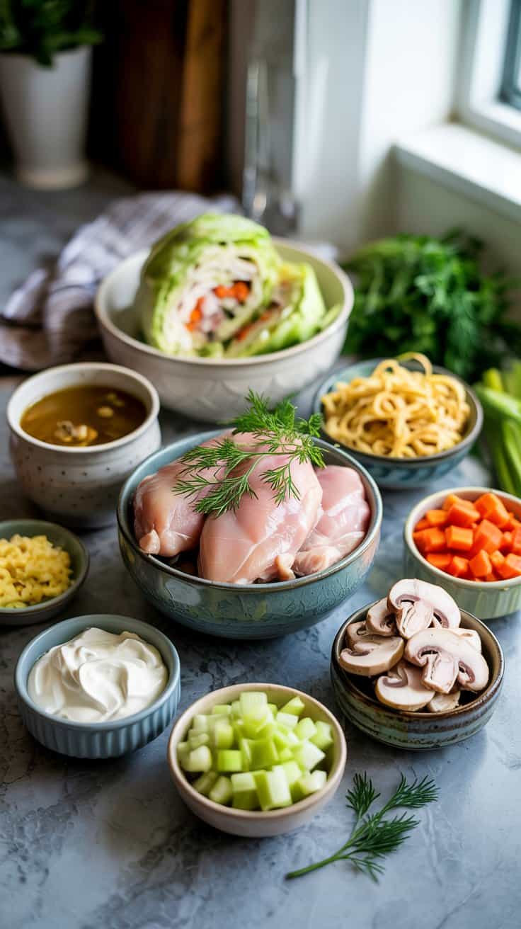 A photograph of a meticulously arranged display of ingredients for slow cooker cabbage roll soup on a cool gray marble countertop. Small ceramic bowls contain neatly portioned boneless skinless chicken breasts, rich chicken broth, creamy sour cream, tender egg noodles, minced garlic, diced carrots, chopped celery, and sliced mushrooms. A sprig of fresh dill rests delicately atop the chicken, while a linen napkin is artfully folded in the background. Soft, natural light streams in from a nearby window, highlighting the vibrant colors and textures of the ingredients, creating a warm and inviting kitchen scene.