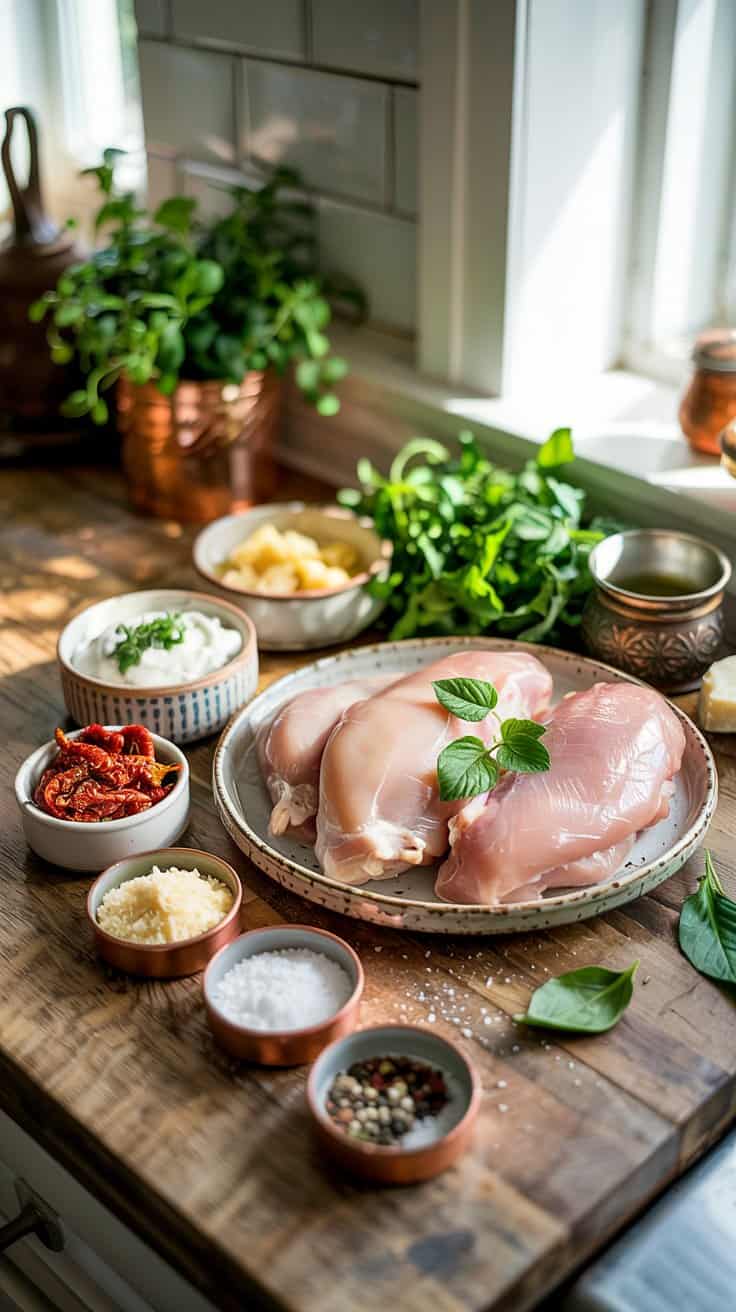A photograph of a clean, light-filled kitchen countertop showcasing the ingredients for "Slow Cooker Creamy Tuscan Chicken". Placed on a weathered wooden surface are bone-in, skinless chicken breasts alongside small ceramic bowls filled with creamy sour cream and brick-red sun-dried tomatoes, alongside freshly grated Parmesan cheese. Scattered around the main ingredients are miniature copper bowls containing sea salt, cracked black pepper, and vibrant green herbs, all bathed in the soft glow of natural morning light streaming through a nearby window. A simple, white farmhouse tile backsplash adds a touch of rustic charm to the scene.