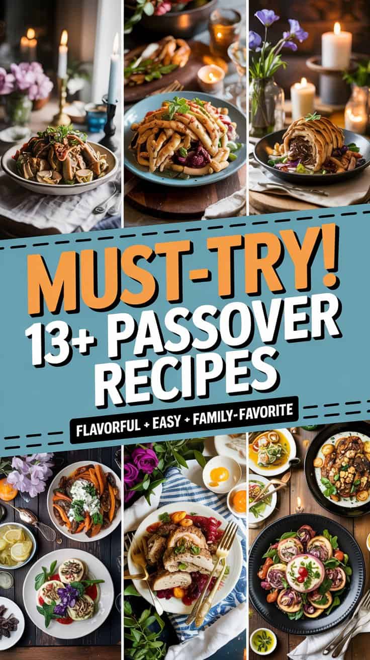 A food photography collage featuring multiple Passover recipes arranged in a 3x3 grid layout. The top image shows a dark wooden table set with lit white candles, pink flowers, and plates of pasta dishes. The center image displays a blue plate with a spiral pasta dish garnished with fresh herbs and vegetables. The bottom image shows a dark plate with a rolled meat dish. The center of the image contains a teal-colored banner with white text reading "MUST-TRY! 13+ PASSOVER RECIPES" with smaller text below stating "FLAVORFUL + EASY + FAMILY-FAVORITE". The bottom row shows several dishes including a plate with carrots and white sauce, a plate with stuffed round dishes, and a plate with sliced meat garnished with red and purple elements. The overall composition has warm lighting from candlelight, creating a cozy, intimate atmosphere. The dishes are professionally styled with fresh herbs, colorful garnishes, and carefully arranged on white plates against dark wooden surfaces.