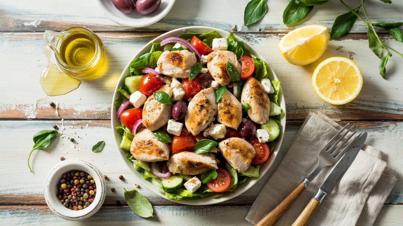 1 greek chicken salad a bright top down GLYOhlgQQCuhy0w6Fhle7g Ji18hiQnTdiUyfMKHk TWQ